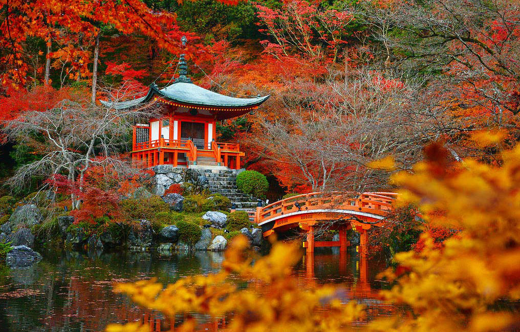 Đền Daigo-ji tại Kyoto vào mùa lá đỏ ở Nhật
